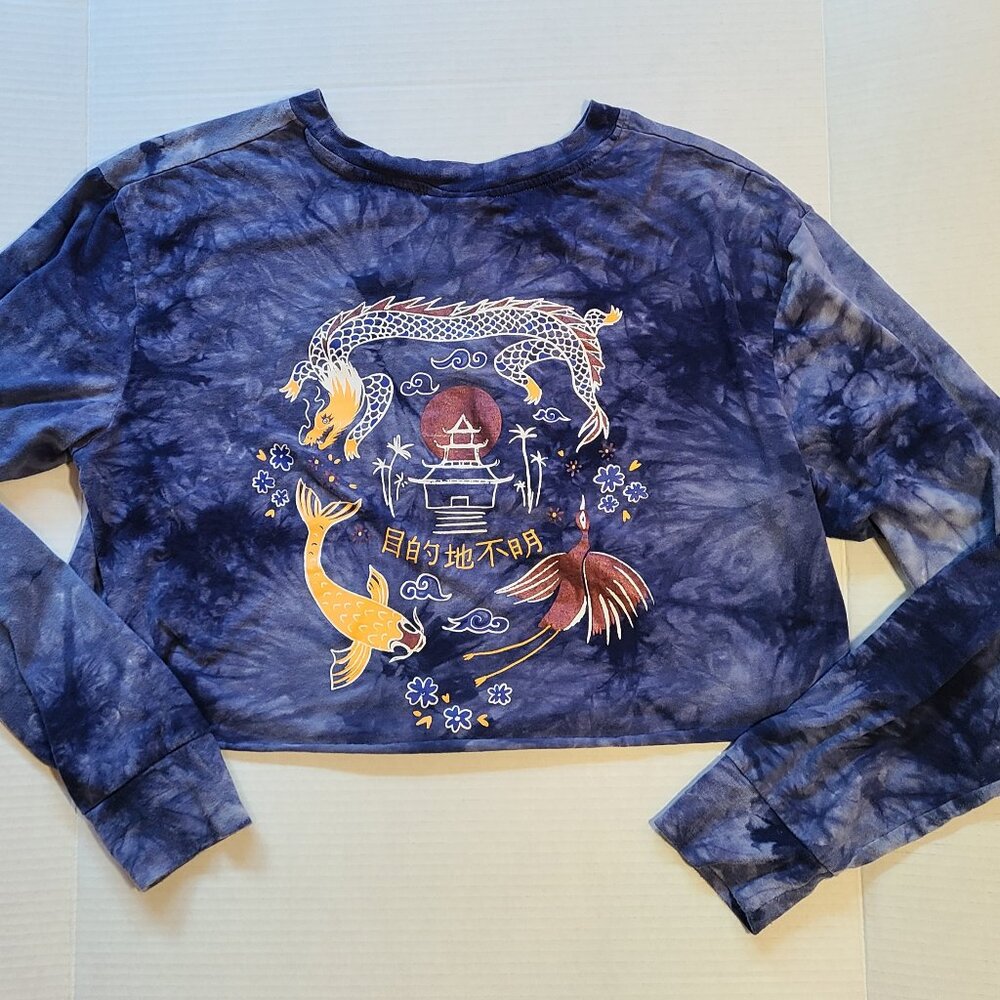 Empyre Long Sleeve Cropped Tee Koi Fish Dragon Blue Women's Size L